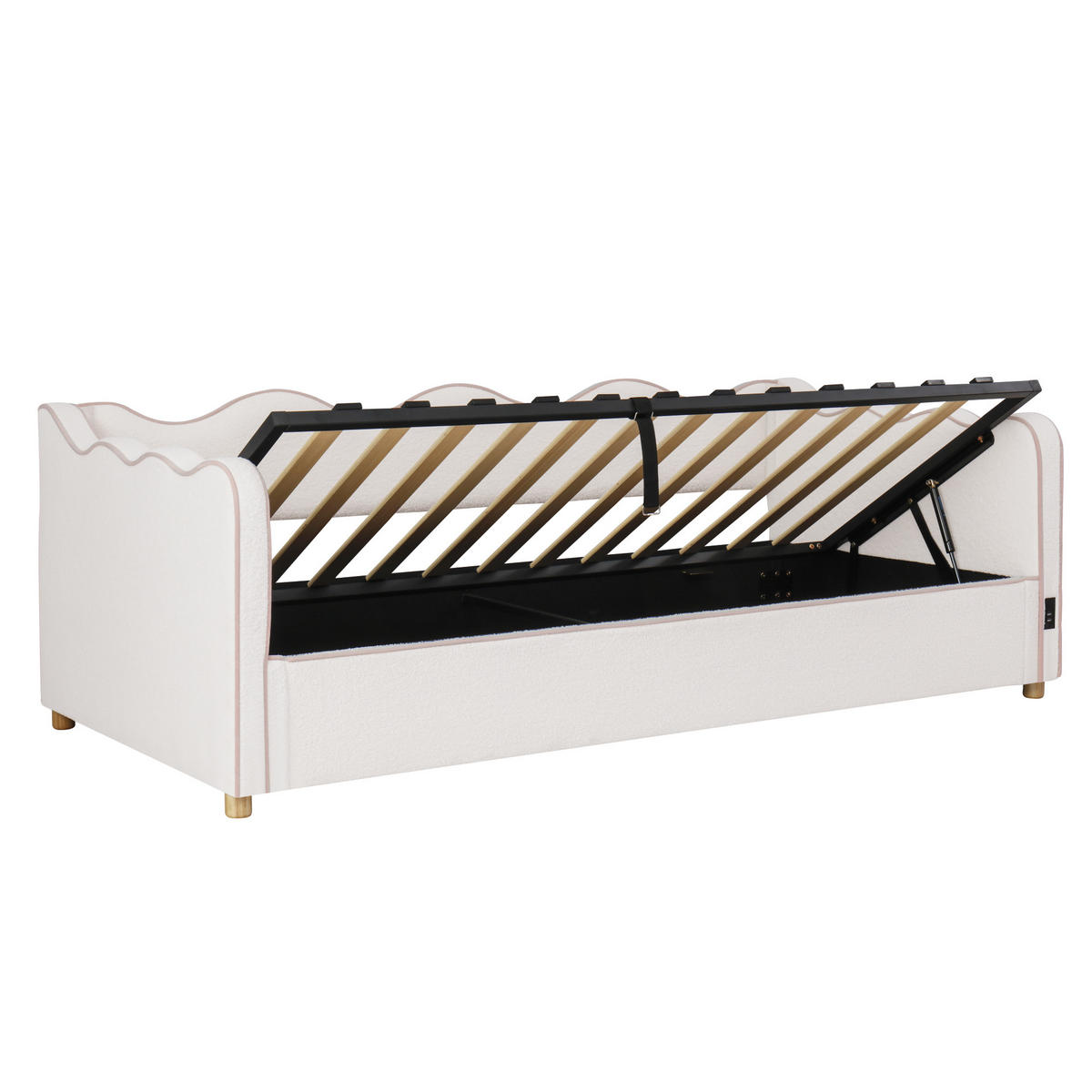 POLSTERBETT 90/200 cm in Beige mit Bettkasten, USB und Type-C Bouclé - Beige, Holzwerkstoff/Textil (90/200cm) - CHICFURN