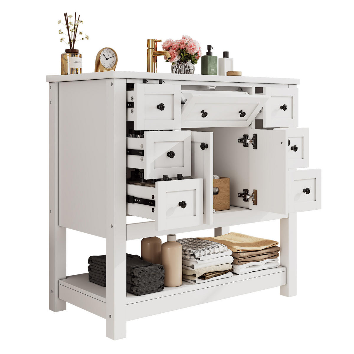 WASCHTISCH 91 cm mit Keramikbecken,Schubladen und Regal Badmöbel - Weiß, Holz/Metall (91/90/46cm) - PARAFTA HOME