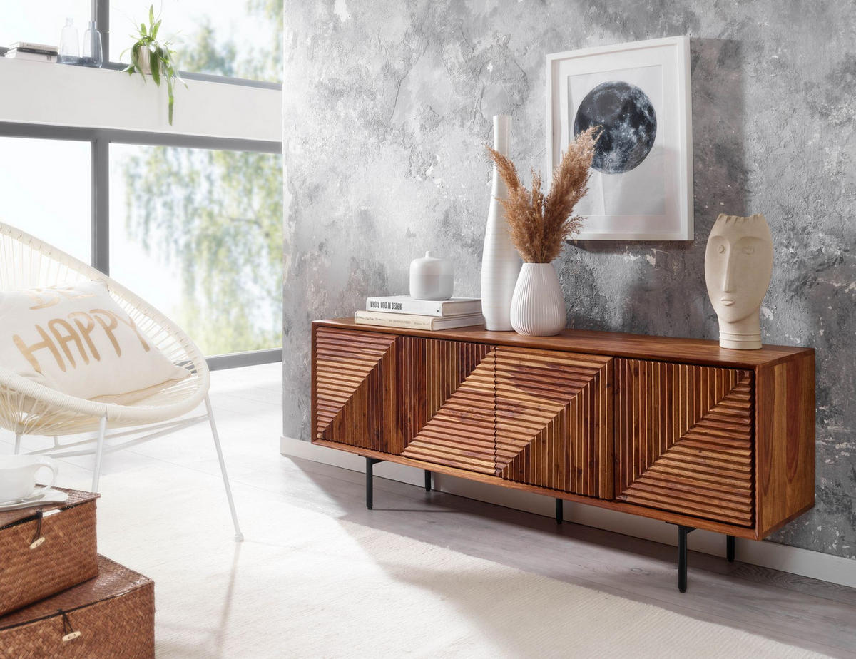 LOWBOARD Massivholz Modern Stil Modell Spectrum mit 3D-Oberfläche und Edelstahl-Gestell - Schwarz/Braun, Holz/Metall (140/54/33cm) - KADIMA DESIGN