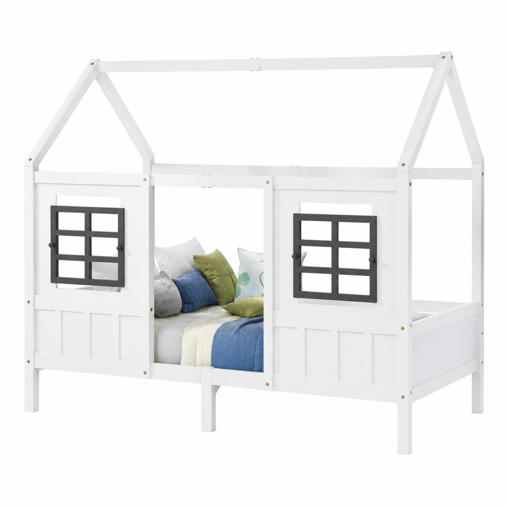 KINDERBETT Hausbett 90x200 cm Weiß mit 2 Fenstern - Beige, Holz (90/200cm) - Meubliv