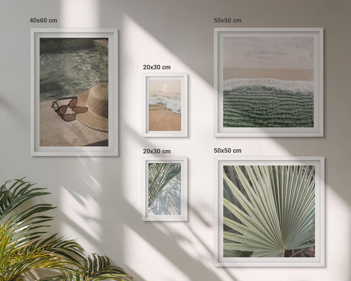 WANDBILDER 5er-Set - 50x50 cm & 20x30 cm & 40x60 cm Weißer Rahmen - Strandhut und Sonnenbrille - Weiß, Kunststoff (40/60cm) - ArtPrintCave