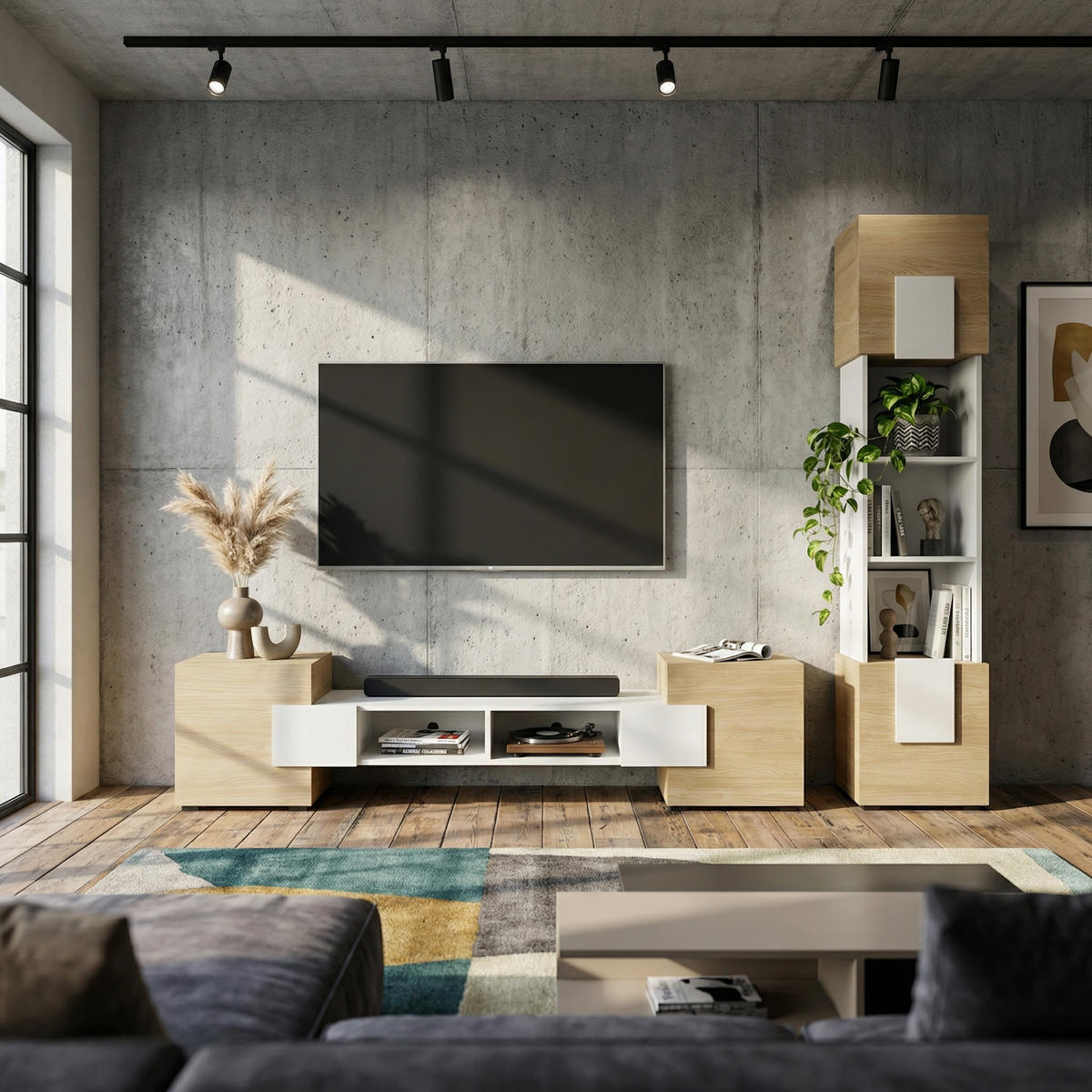 WOHNWAND TORINO Hängend + Stehend, 2-er Set, Mattes Finish, Arktisches Weiß, Ölbehandelt Eiche - Eichefarben/Weiß, Holzwerkstoff/Kunststoff (220/172/35cm) - Komodee