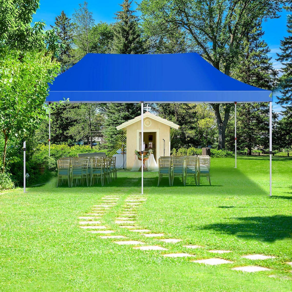 FALTPAVILLON 3 x 6 m wasserdicht mit 6 Seitenwänden - Blau, Textil (299.7/320/599.4cm)