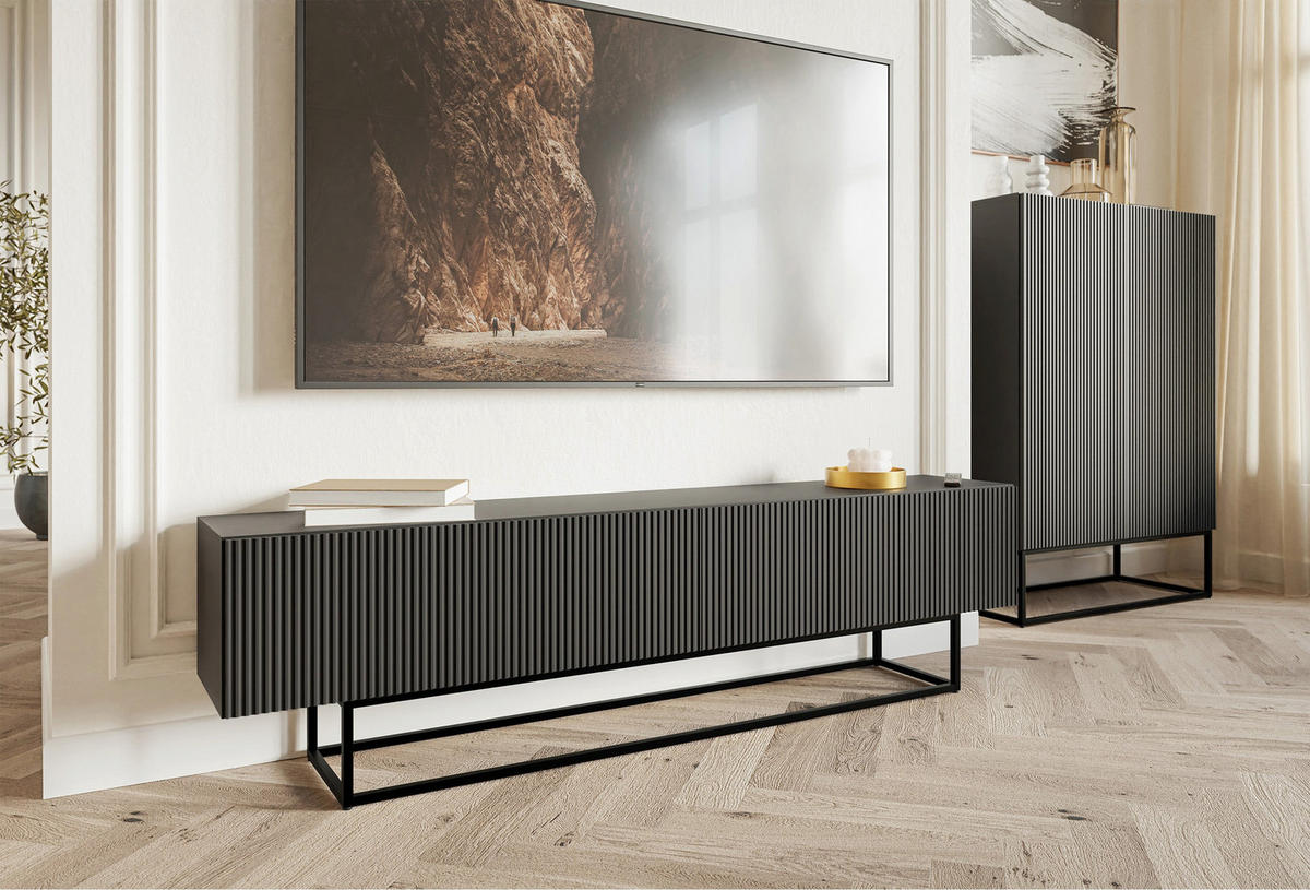 TV stolek Veldio bílý s černým kovovým rámem 175 cm - černá, kov/kompozitní dřevo (175/46.5/31.6cm) - Selsey