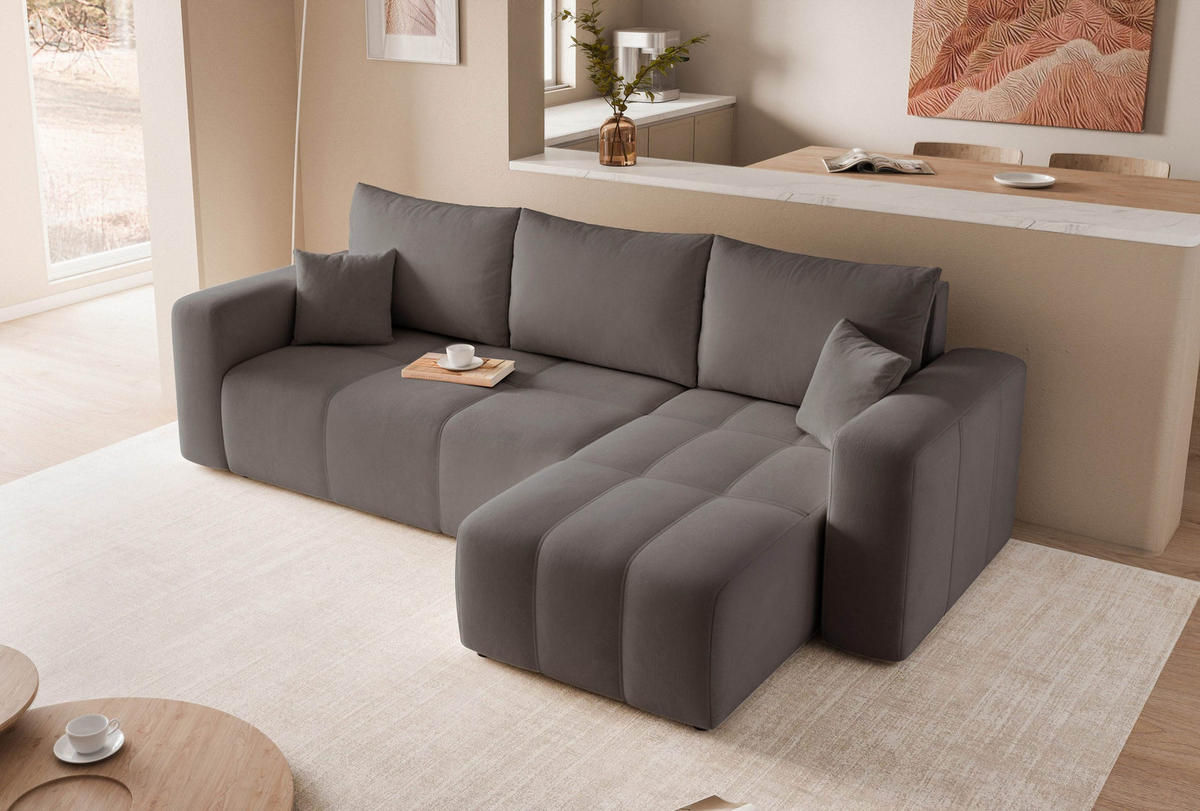 ECKSOFA Dunkelgrau Velours mit Bettkasten und Schlaffunktion - Dunkelgrau, Textil (248/145cm) - Idohome