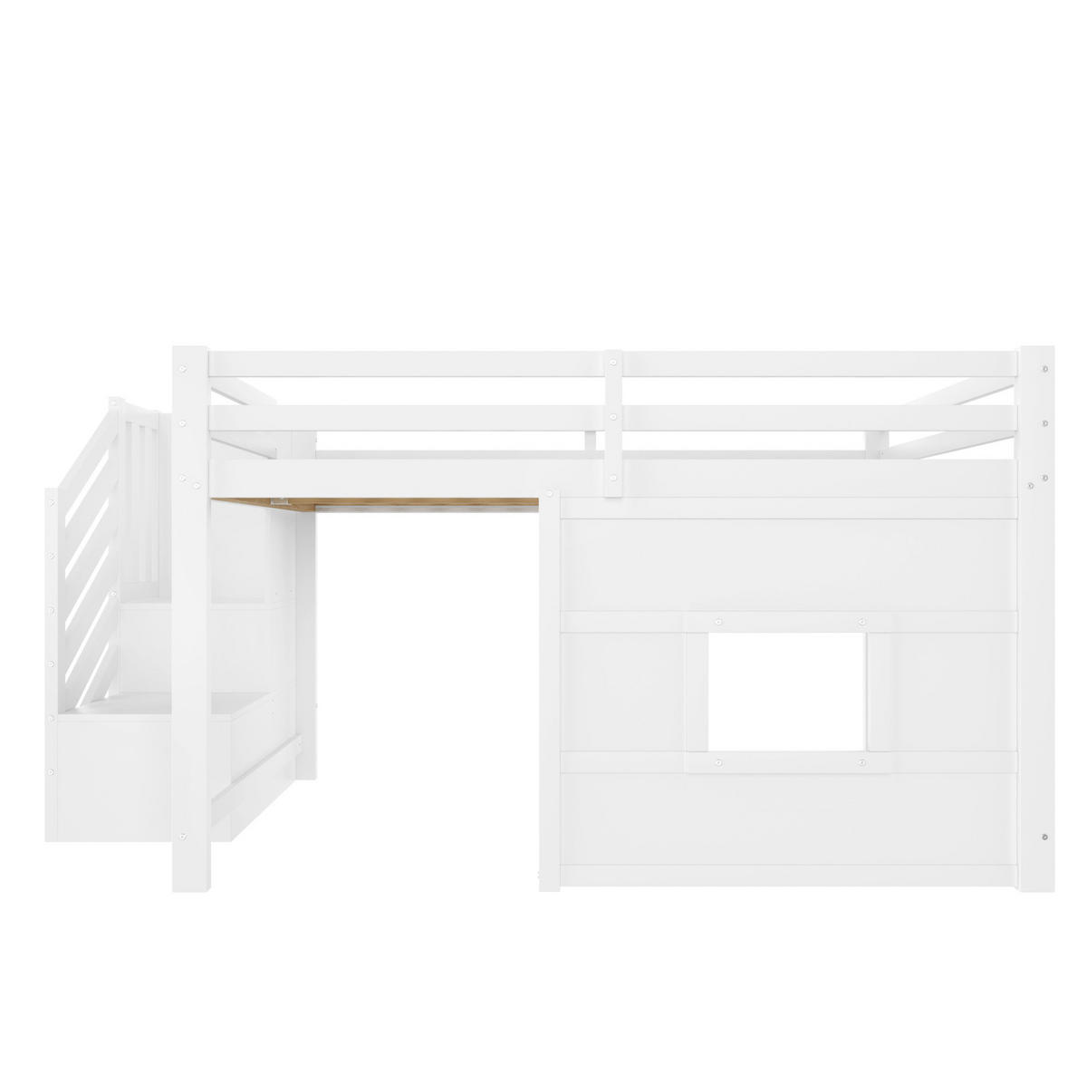 HOCHBETT 140/200 cm in Weiß mit Stauraumtreppe, Fenster und LED-Beleuchtung - Weiß, Holzwerkstoff (140/200cm) - Flora Grace