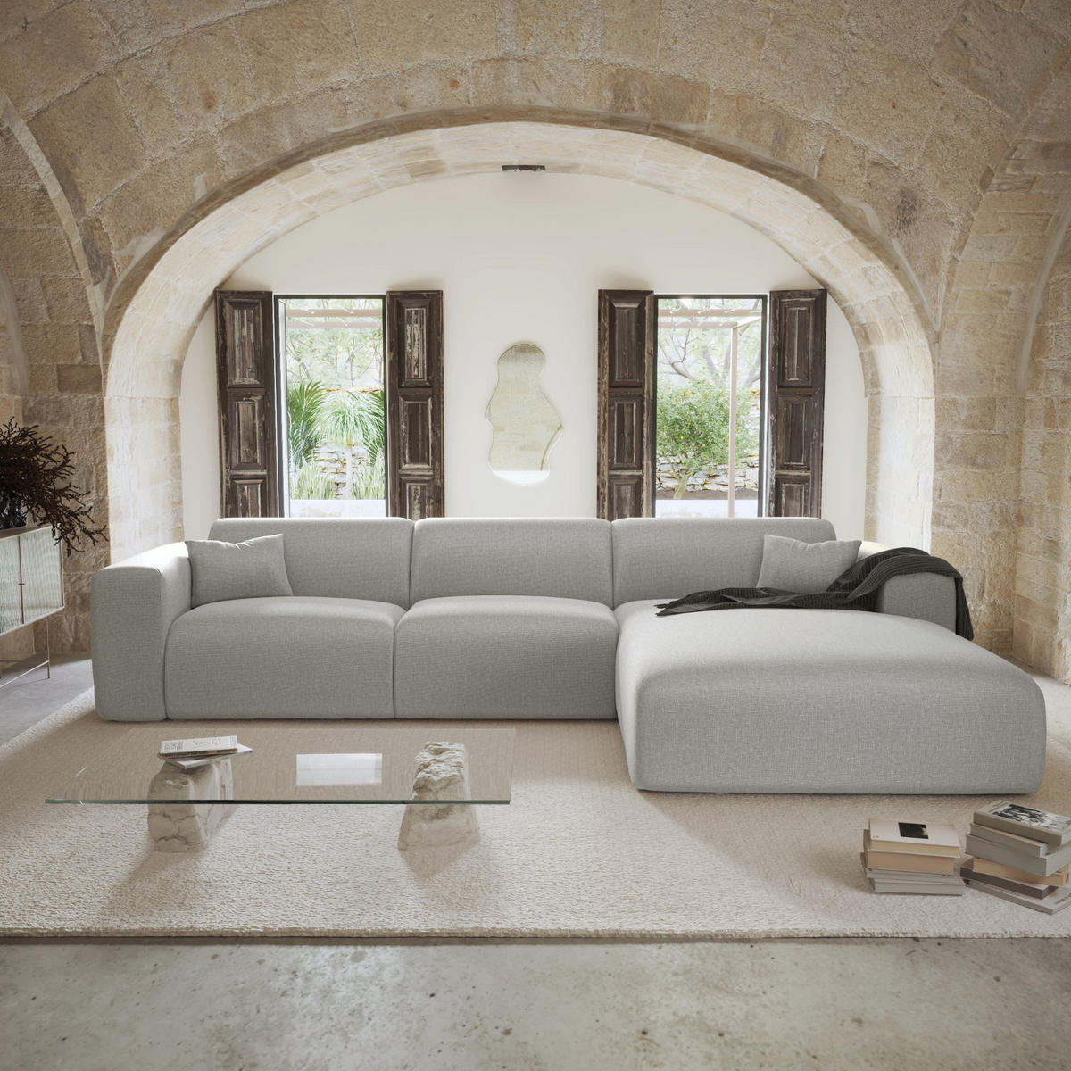 ECKSOFA RECHTS SCHLAFSOFA Rastergewebe Hellgrau 280cm - Hellgrau/Grau, Textil (280/165cm) - Sia Home