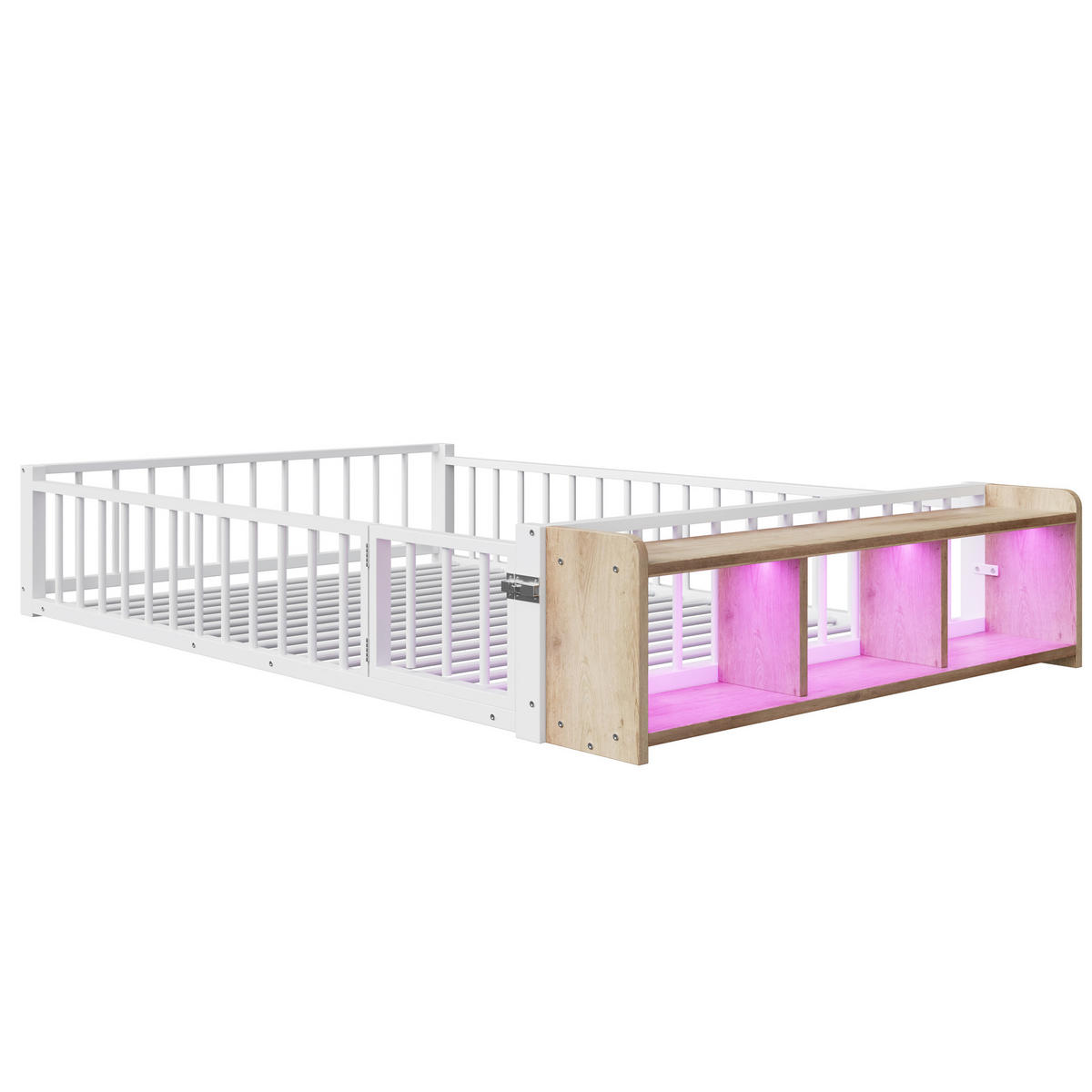 BODENBETT 140/200 cm DE-03338, mit LED, Schließfach und Schutzgeländer, in Weiß - Weiß, Holzwerkstoff/Metall (140/200cm) - ComfortXL
