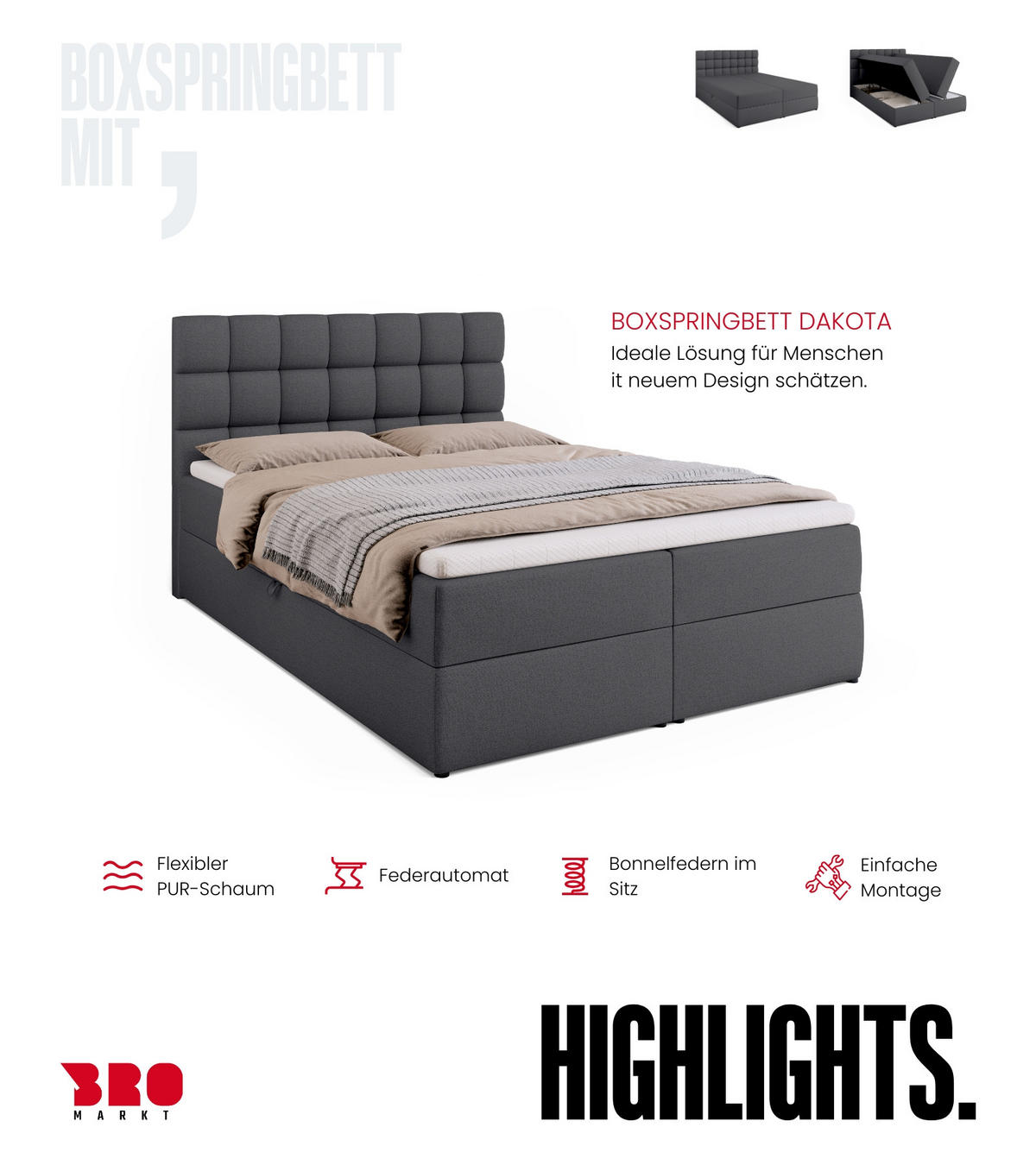 BOXBETT Dakota mit Topper 140/200 Dunkelgrau - Dunkelgrau, Textil (140/200cm) - Bromarkt