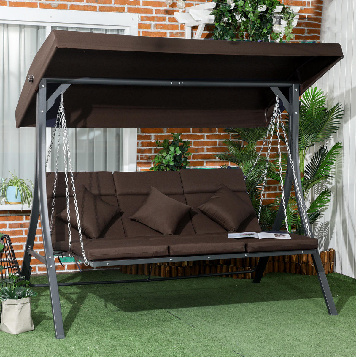 HOLLYWOODSCHAUKEL 3-Sitzer mit verstellbarem Sonnendach, Kissen und stabilem Metallgestell, Braun - Braun, Metall (118/168/198cm) - Redom