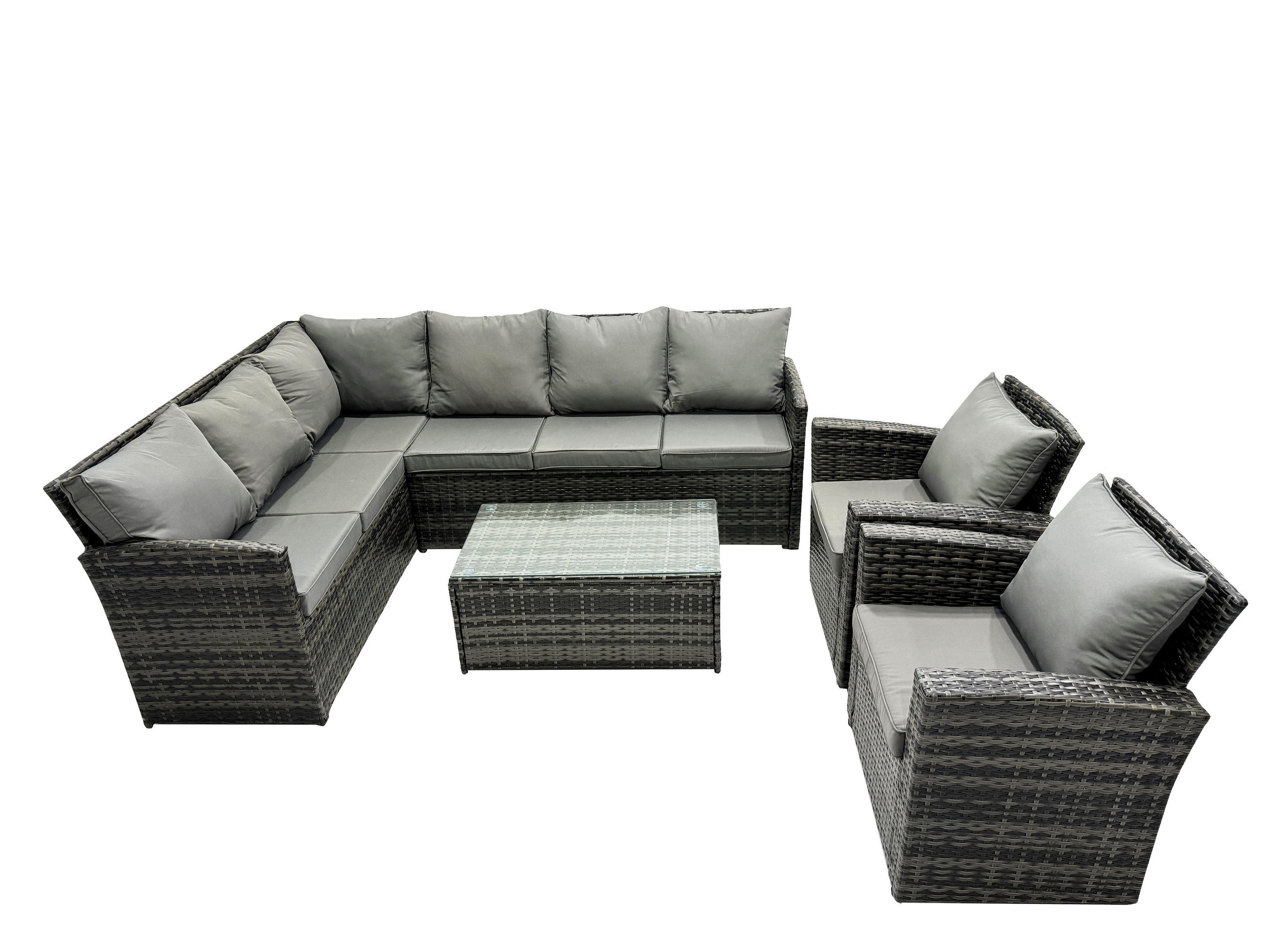 GARTENSET mit Couchtisch,2 Stuhl Polyrattan Dunkelgrau 8-Sitzer - Dunkelgrau/Grau, Glas/Kunststoff - Fimous