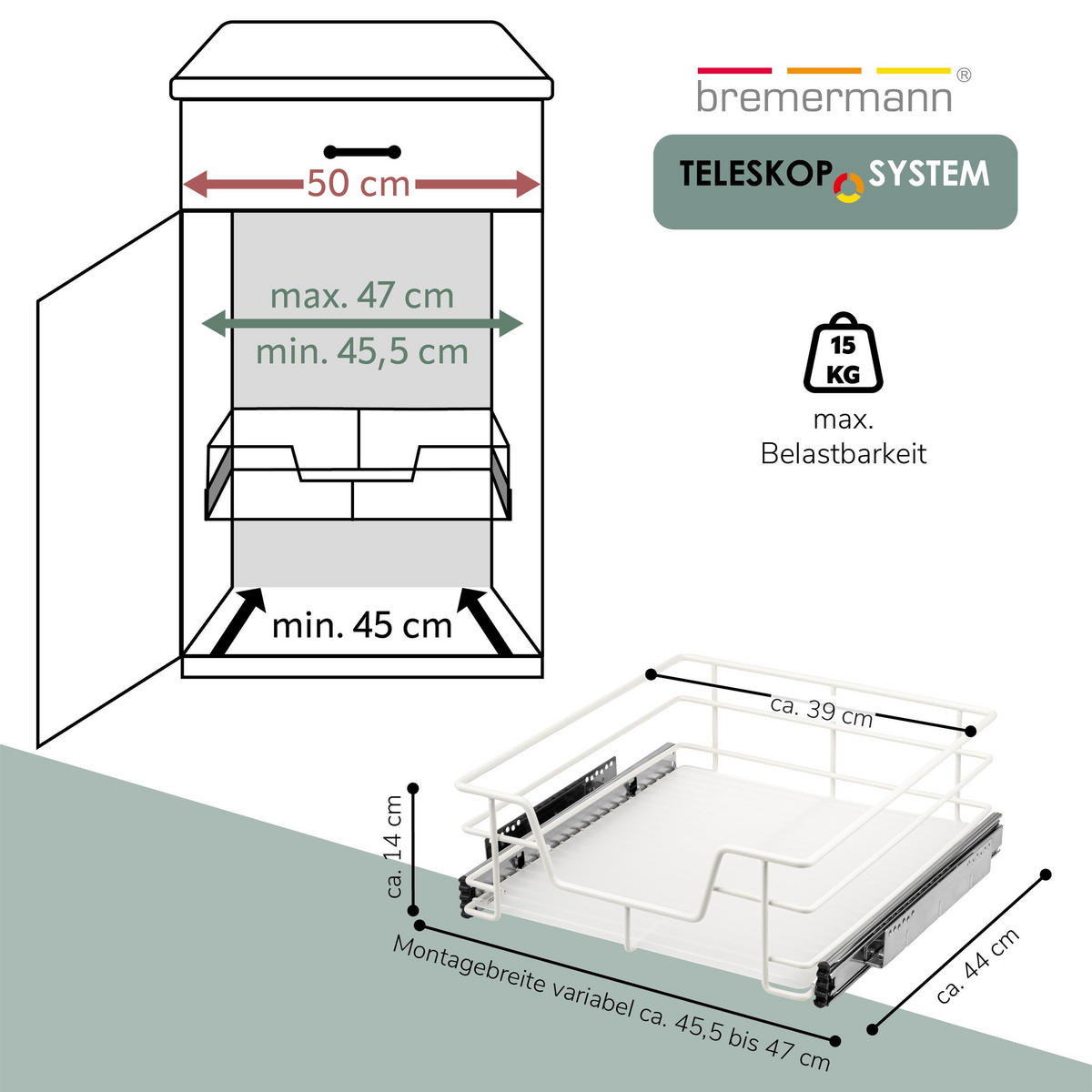 TELESKOPSCHUBLADE 50 cm, weiß, Metall - Weiß, Metall (47/14/44cm) - bremermann