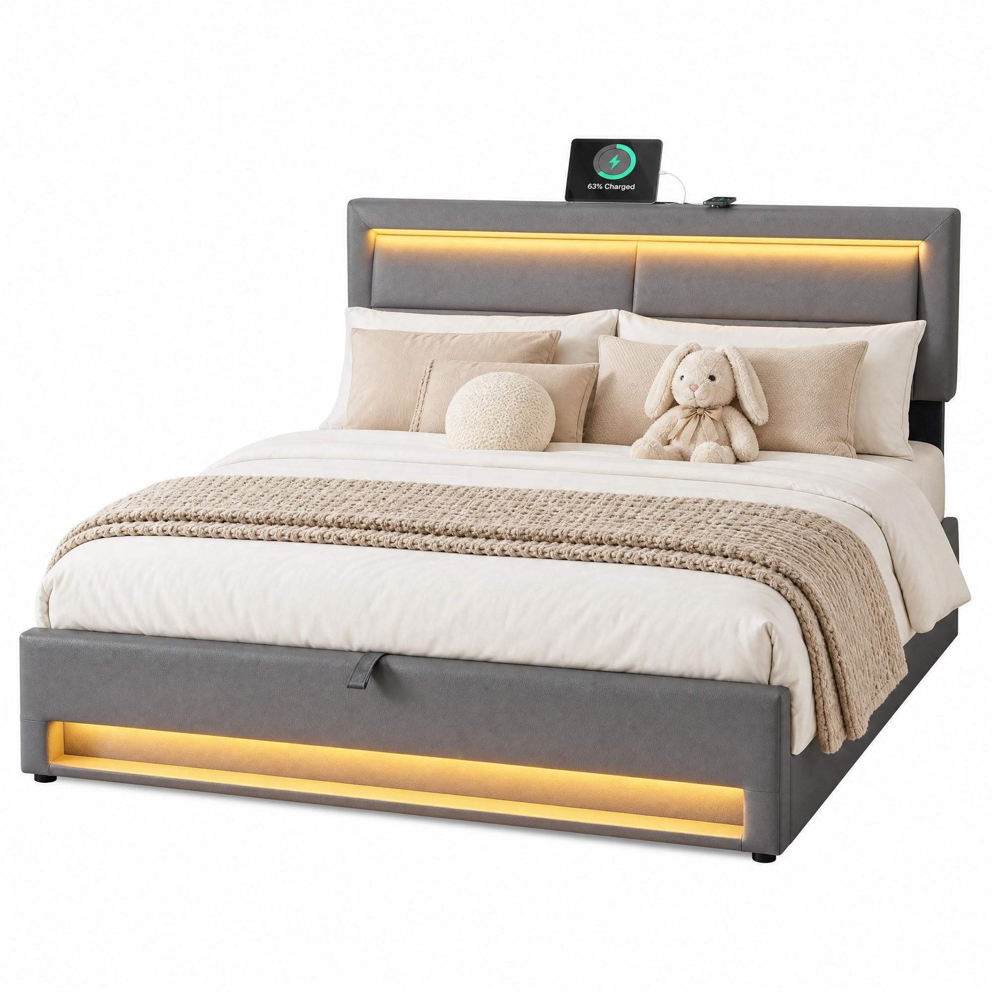 POLSTERBETT 160/200 cm in Grau mit USB, LED und Stauraum - Grau, Holzwerkstoff/Textil (160/200cm) - CHICFURN