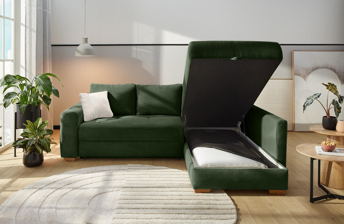 ECKSOFA-DAUERSCHLÄFER Boxspring Federkern Topper Bettkasten, seitenverkehrt montierbar B257/T206/H85 cm, Cord Grün / 15213 - Eichefarben/Grün, Holz/Textil (257/206cm) - luma-home