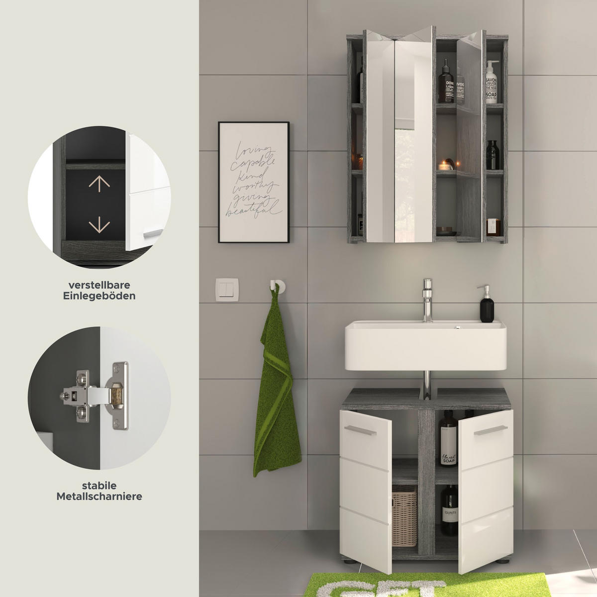 BADKOMBINATION 2tlg. Blake Bad in Rauchsilber Nachbildung und weiß hochglanz B/H/T: 60x191x34 cm - Anthrazit, Holz (64/191/34cm)