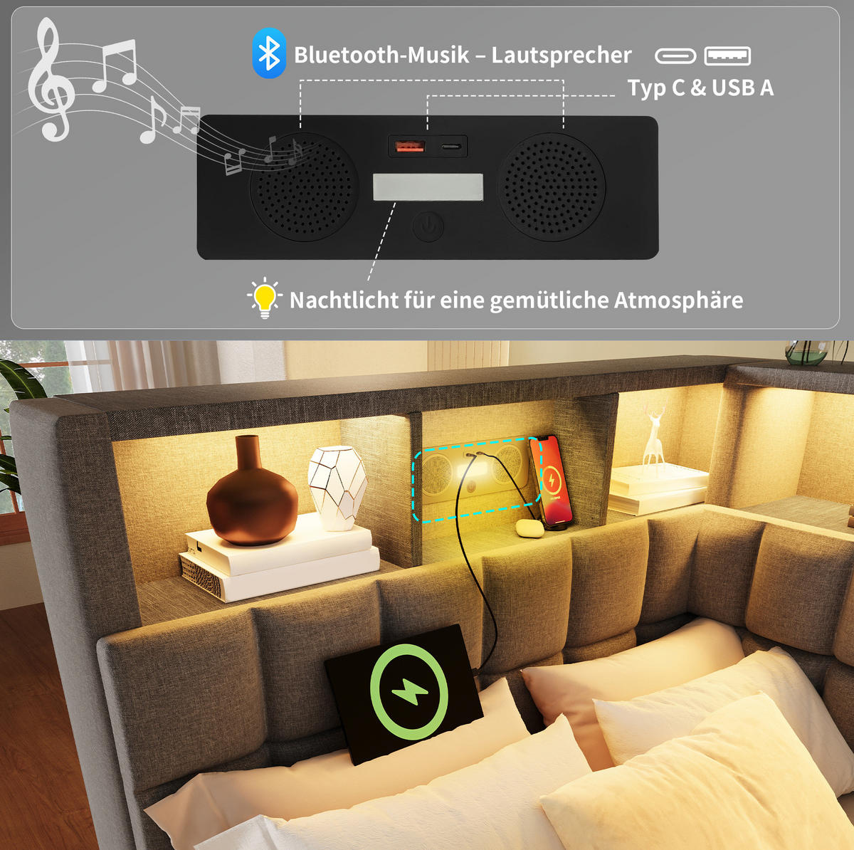 POLSTERBETT 90/200 cm mit Ausziehbett, LED, Bluetooth-Lautsprecher und USB-C - Grau, Textil (90/200cm) - BEAOK