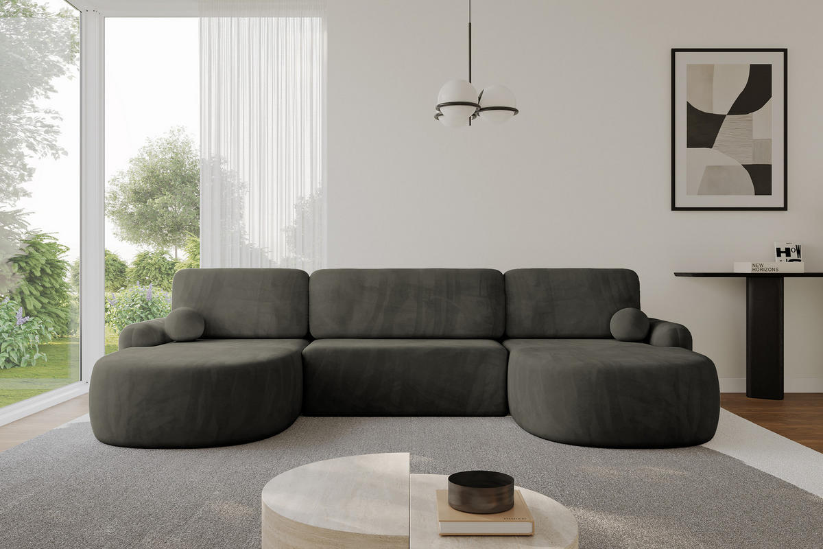 WOHNLANDSCHAFT mit Schlaffunktion und Bettkasten LIRA-U - 335x172x89 Schwarz - Schwarz Hochglanz, Holzwerkstoff/Textil (335/89/172cm) - ALTDECOR