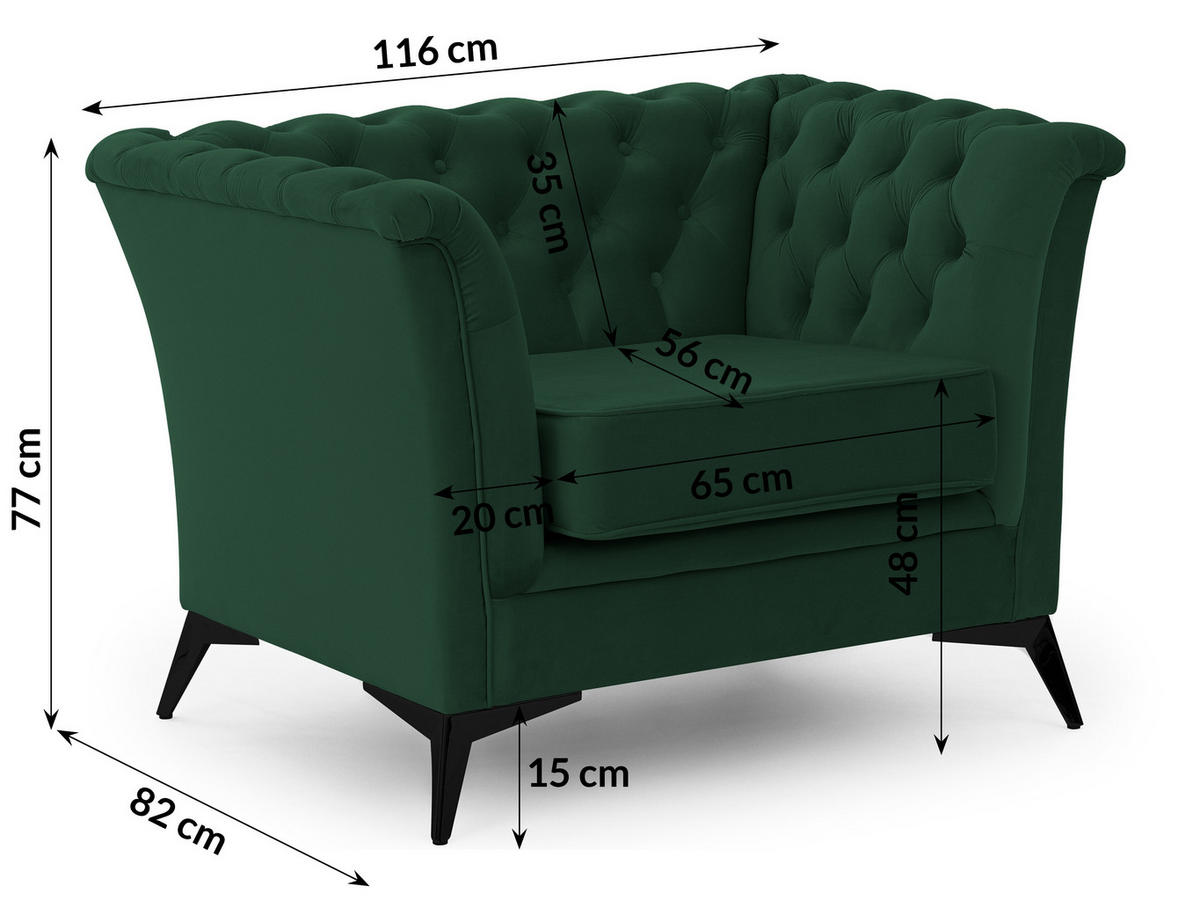 CHESTERFIELD-SESSEL Whitby Flaschengrün Samt mit schwarzen Füßen - Dunkelgrün/Schwarz, Holz/Textil (116/78/82cm) - S-Style Möbel