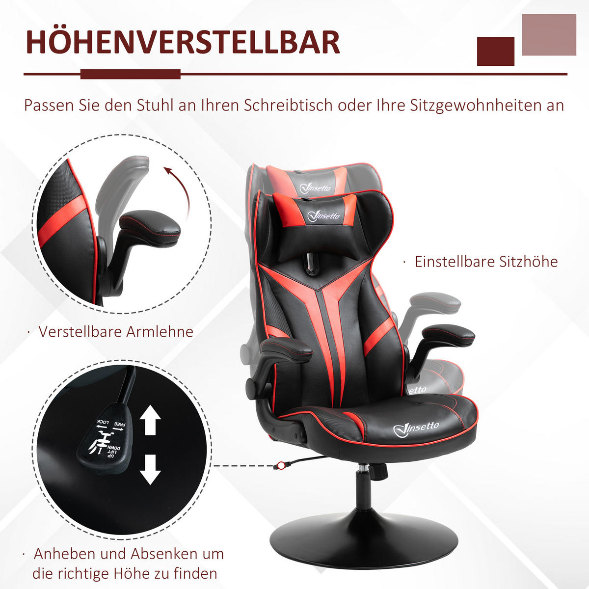 GAMING Stuhl, Drehstuhl, Schwarz+Rot - Rot/Schwarz, Kunststoff (70/112/67cm) - Vinsetto