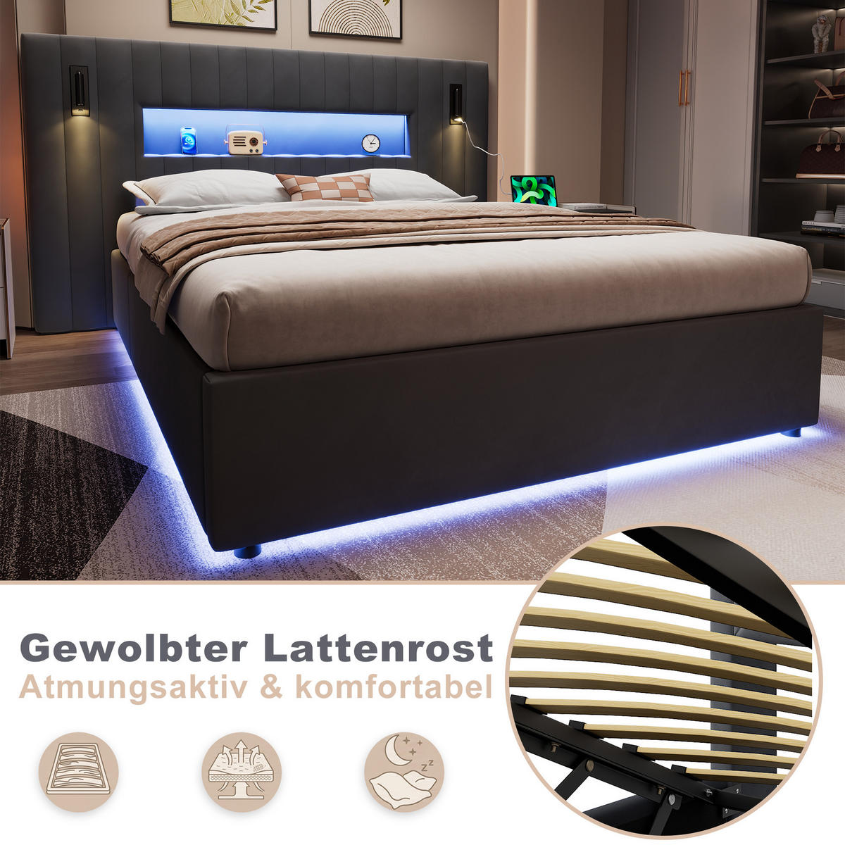 ČALÚNENÁ posteľ 140/200 cm tmavosivá zo zamatu s hydraulickým úložným priestorom, LED čítacími lampami a USB konektormi - tmavosivá, textil (140/200cm) - Modfu