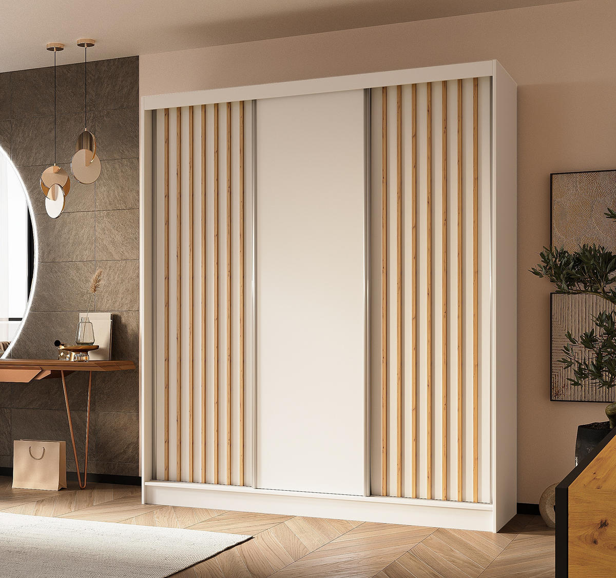 SCHWEBETÜRENSCHRANK Cabinio Weiß Eiche Artisan 180/216/61 cm – Modern, mit Lamellen - Walnussfarben/Weiß, Holzwerkstoff/Kunststoff (180/216.1/61cm) - AX Living