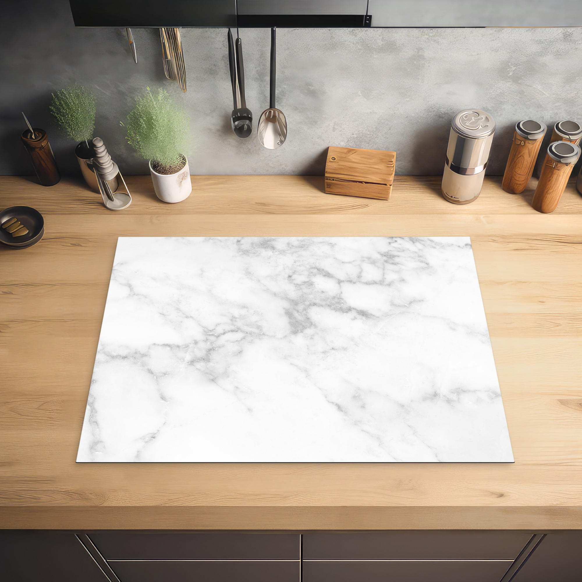 HERDABDECKPLATTE Marmor - Grau - Weiß - Strukturierter Marmor 70x52 cm - Weiß, Kunststoff (70/0.2/52cm) - MuchoWow