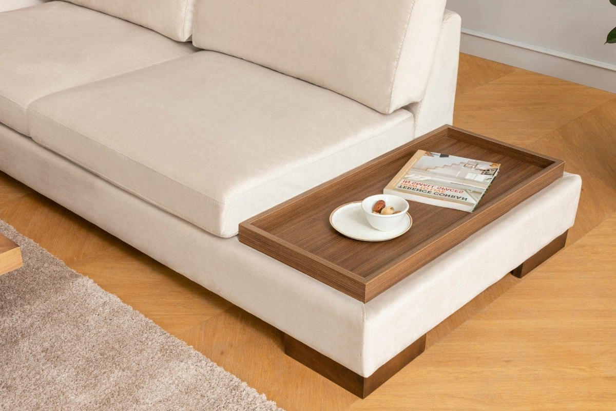 ECKSOFA mit Hocker und Lounge-Design - Beige/Walnussfarben, Holz/Textil (313/193cm) - myHomelando