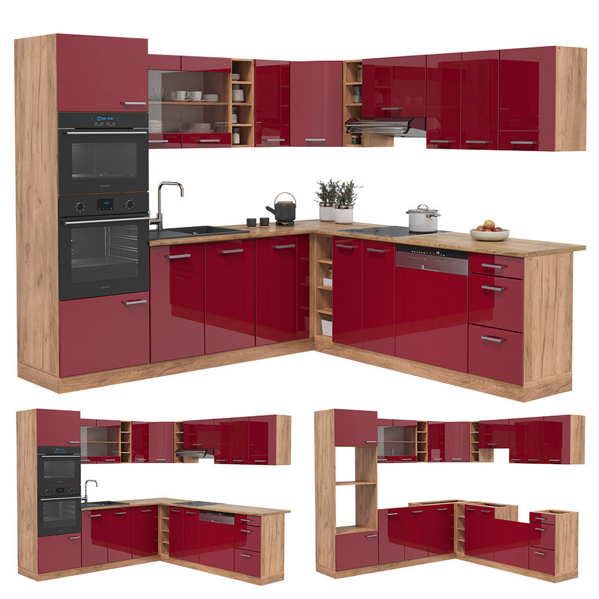 ECKKÜCHE R-Line Rot Hochglanz/Goldkraft Eiche 237 x 247 cm AP Eiche - Rot/Eiche Wotan, Holzwerkstoff (247/81.6/60cm) - Vicco