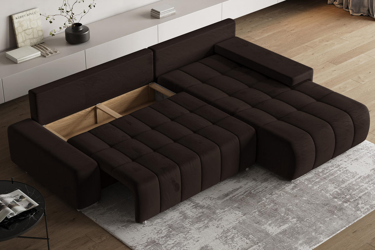 ECKSOFA ALESE R-S Braun Velours-Stoff mit Schlaffunktion - Braun, Holz (265/185cm) - MASSENO