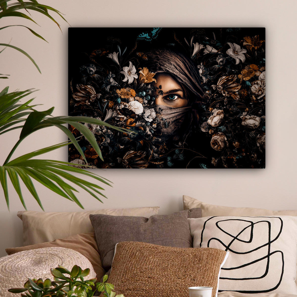LEINWANDBILD Frau - Luxus - Blumen - Schmetterling - Porträt Wandbilder 80x60 cm - Schwarz, Textil (80/60cm) - MuchoWow