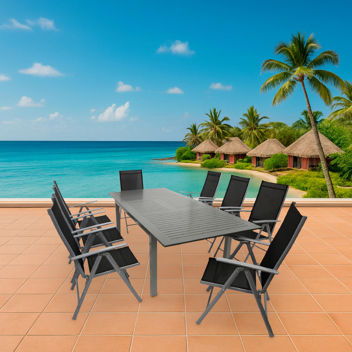 GARTEN-GARNITUR Ashford - 9-teilige Garten-Essgruppe (8x Klappsessel mit Aluminiumgestell grau, Bespannung Textilene schwarz - Schwarz, Metall - TPFGarden