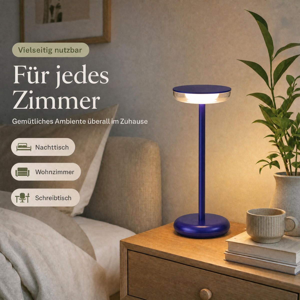 LED-TISCHLAMPE Blau Dimmbar Akku 1800mAh 180lm warmweiß Touch USB-C Nachttischleuchte Höhe 27,4 cm - Blau, Kunststoff (11/11/27.4cm) - Northpoint