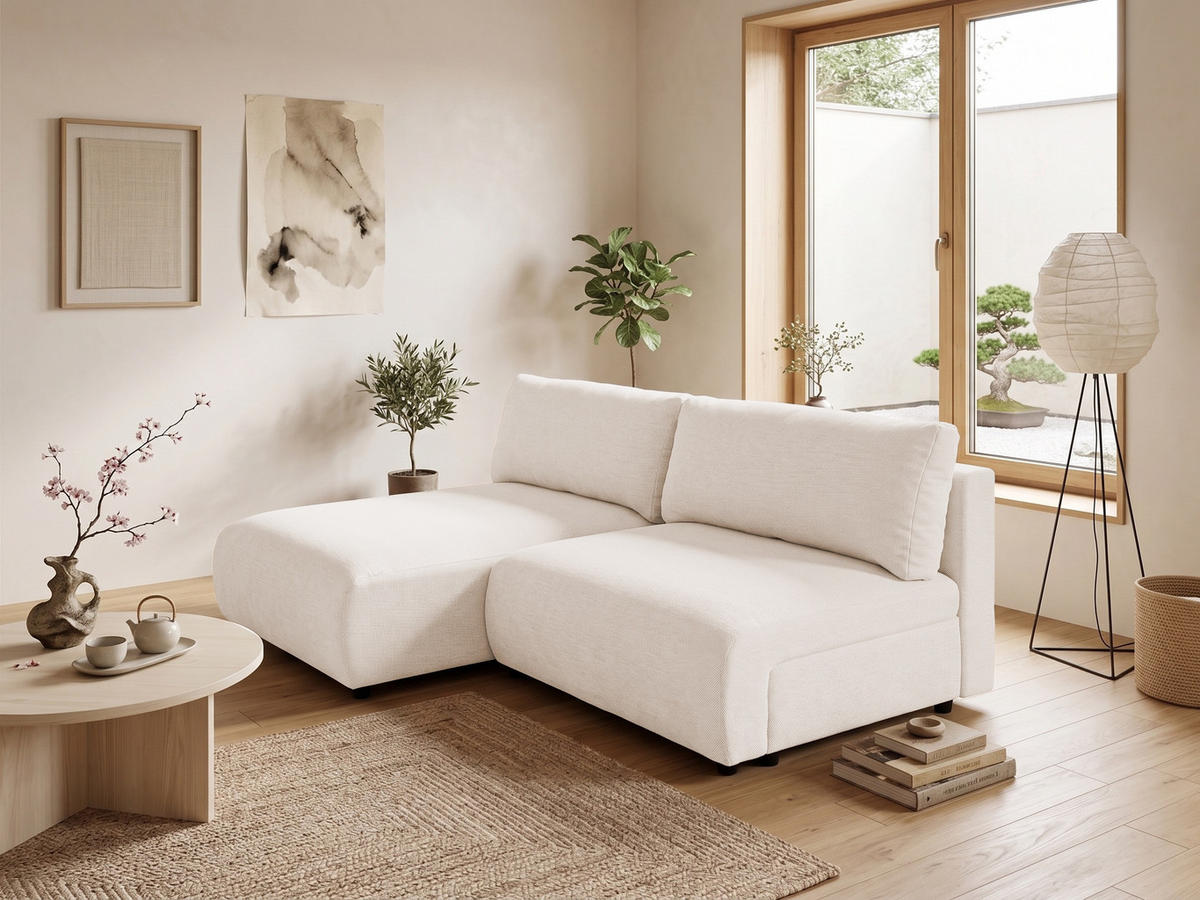 ECKSOFA Sora mit Schlaffunktion, Bettkasten und extra tiefer Komfortzone aus hochwertigem Creme Strukturstoff - Creme/Schwarz, Holz/Kunststoff (140/200cm) - S-Style