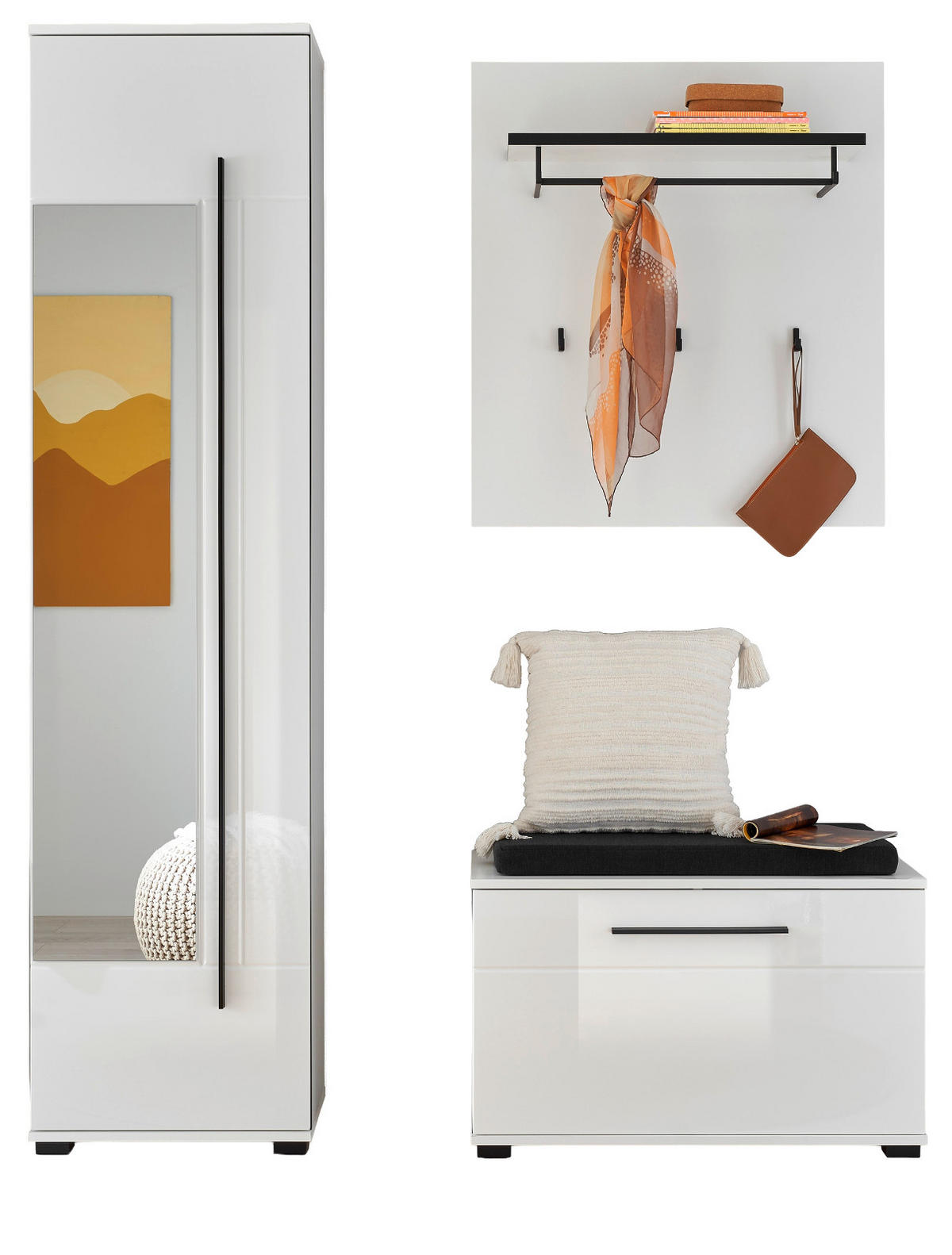 GARDEROBEN-SET weiß Hochglanz 4-teilig 140 cm, Flurgarderobe mit Spiegel - Weiß Hochglanz/Dunkelgrau, Glas/Holzwerkstoff (140/200/40cm) - Furn.Design