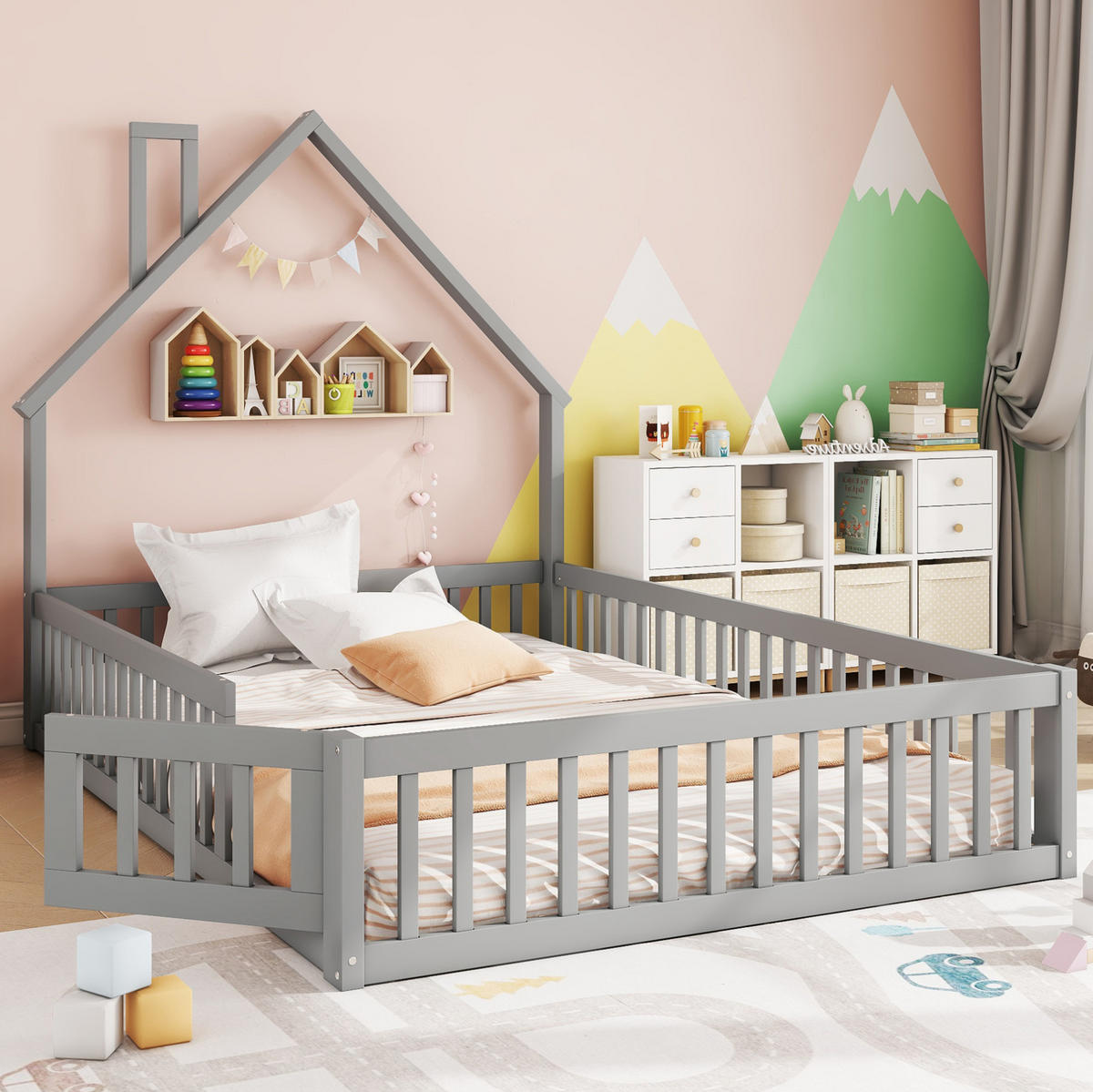 HAUSBETT 140/200 cm Grau aus Kiefernholz und MDF mit Sicherheitsgitter - Grau, Holz (140/200cm) - OKMYHOME