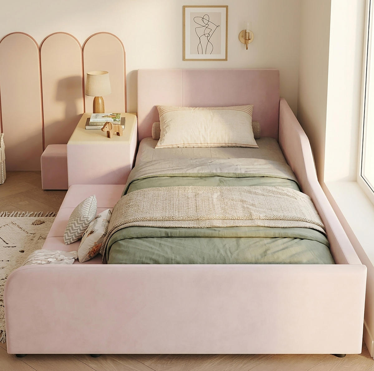 BETT 90/200 cm in Pink mit Schreibtisch, Hocker und Ablageboden - Rosa, Textil (90/200cm) - Flora Grace