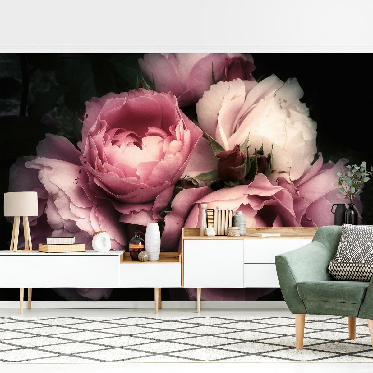 FOTOTAPETE Pfingstrosen vor Schwarz Shabby 336/225 cm - Rosa, Papier (336/225cm) - Bilderwelten