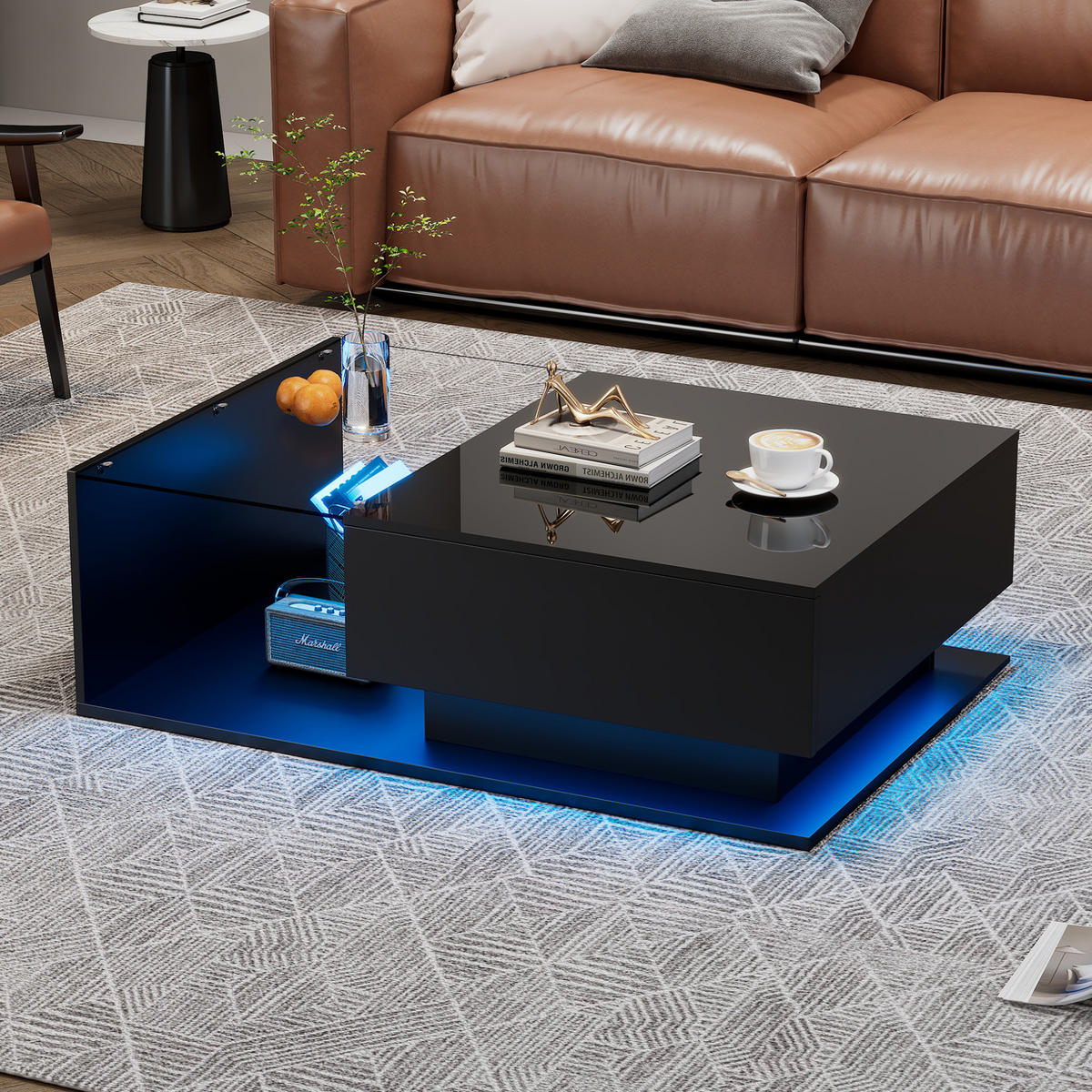 COUCHTISCH aus Spanplatte 100x50x32 cm in Schwarz mit Schublade & LED - Schwarz, Holzwerkstoff (100/50/32cm) - Modfu