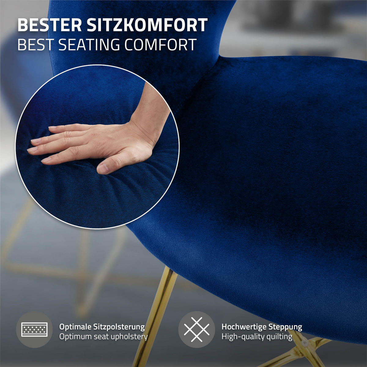 JÍDELNÍ ŽIDLE, sada 4 ks, modrý samet - modrá/zlatá, kov (53/77/64cm) - ML-DESIGN