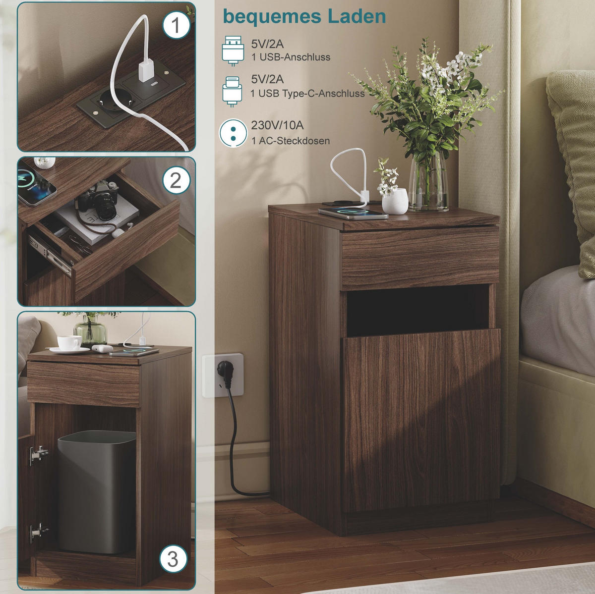NACHTTISCH aus MDF 40x33x61,5 cm Braun mit USB-A, USB-C, Steckdose, Schublade und Mülleimer - Braun, Holzwerkstoff (33/61.5/40cm) - Modfu