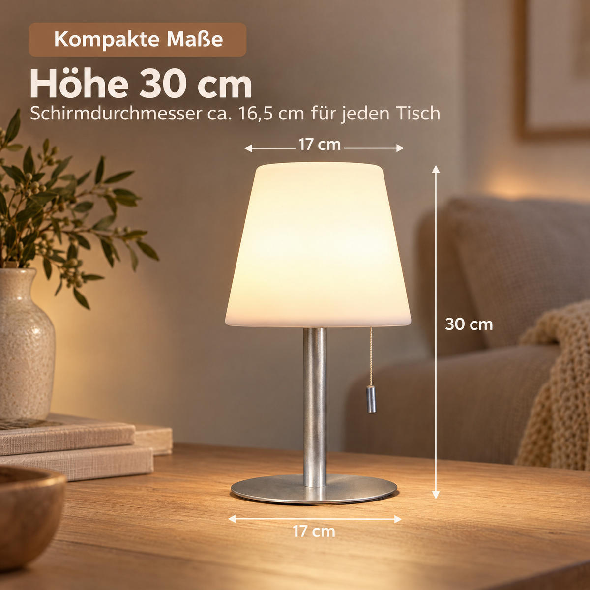 LED-TISCHLEUCHTE mit Akku 4400mAh stufenlos dimmbar Farbwechsel Zugschnur Metall-Standfuß silber H 30cm - Weiß, Metall (17/17/30cm) - Northpoint