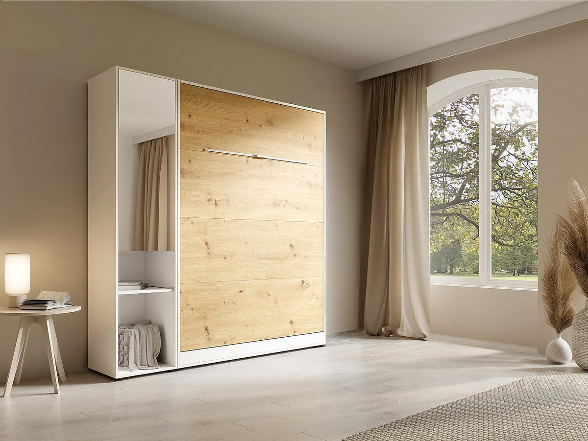 SCHRANKBETT - 2 Personen - holz - naturfarben hell, weiß Rapili - Naturfarben/Weiß, Holz (160/200cm) - Vente-Unique