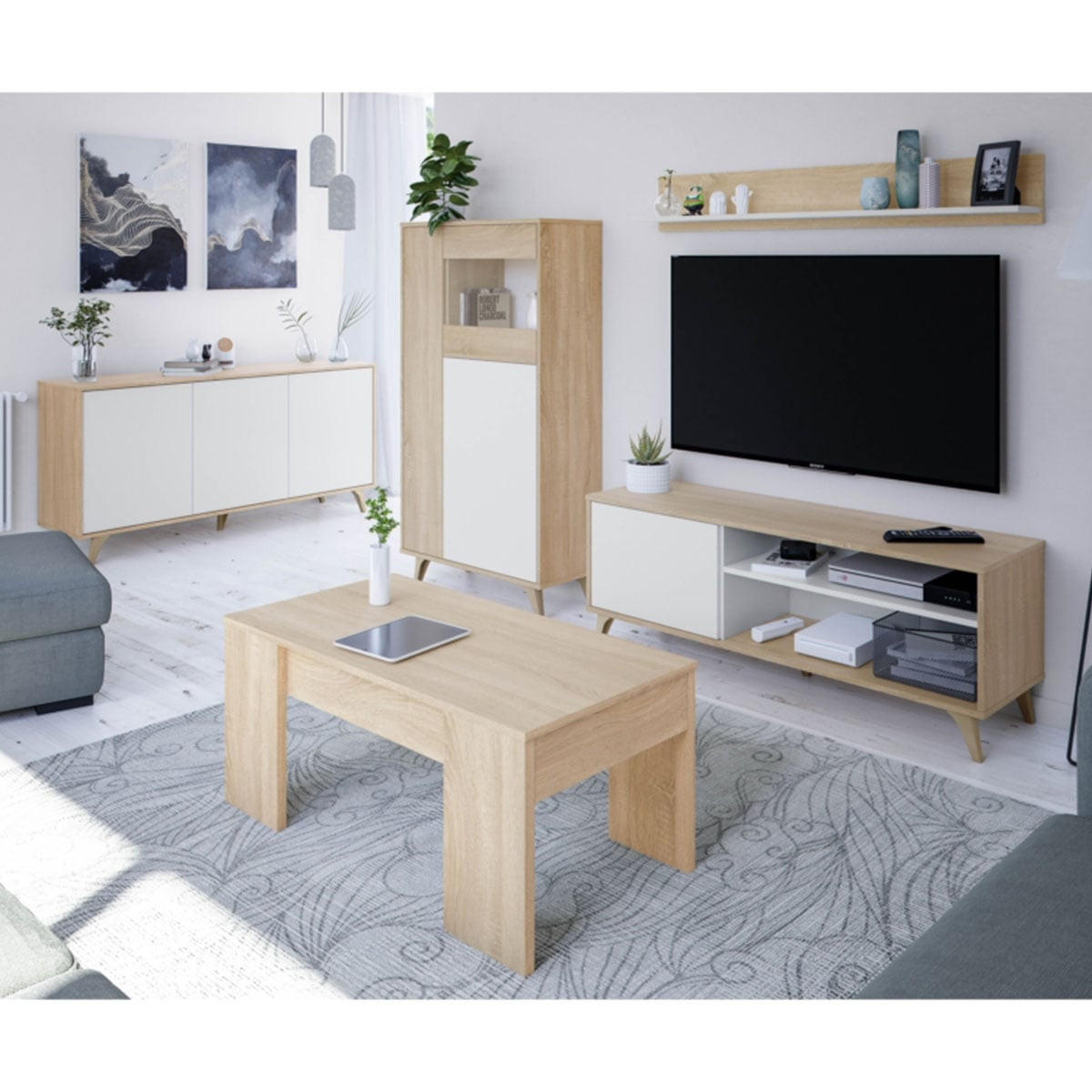 TV-MÖBEL mit 2 Nischen und 1 Tür mit seinem Wandregal Kikua Plus - L135 cm - Weiß, Holzwerkstoff (40/50/135cm) - Calicosy