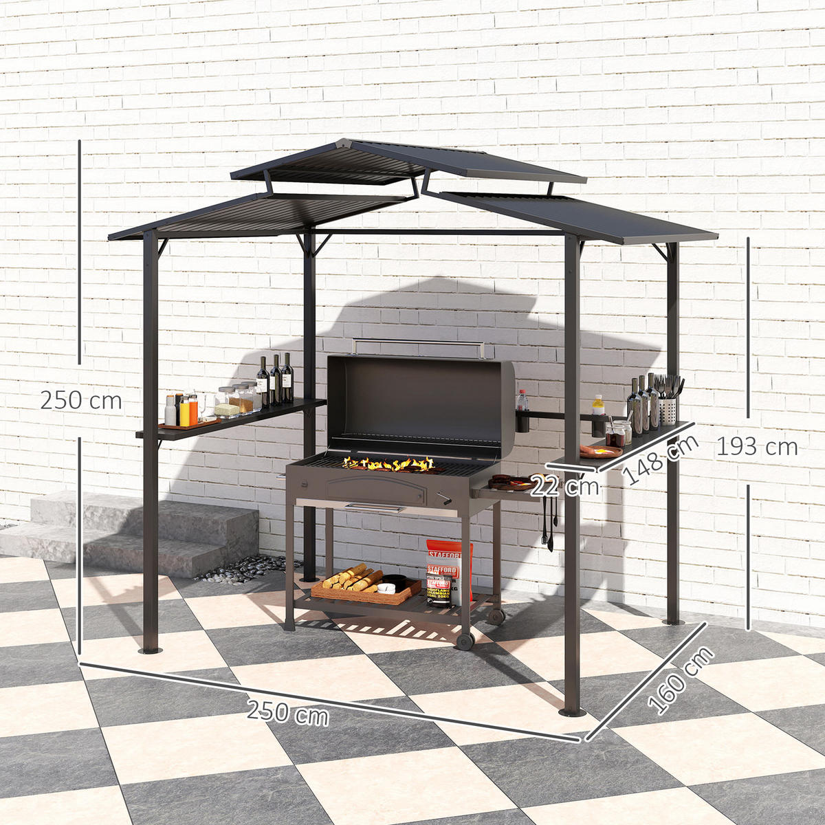 GRILLPAVILLON 250 x 160 x 250 cm wasserdicht Gartenpavillon mit Doppelschichtdach, Seitenregalen Schwarz - Schwarz, Metall (250/250/160cm)