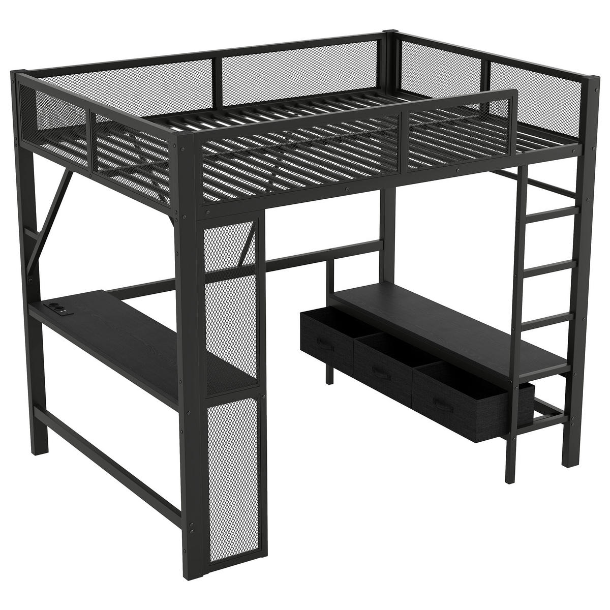 HOCHBETT 140/200 cm schwarz aus Metall mit LED und Schreibtisch - Schwarz, Holzwerkstoff (140/200cm) - OKWISH