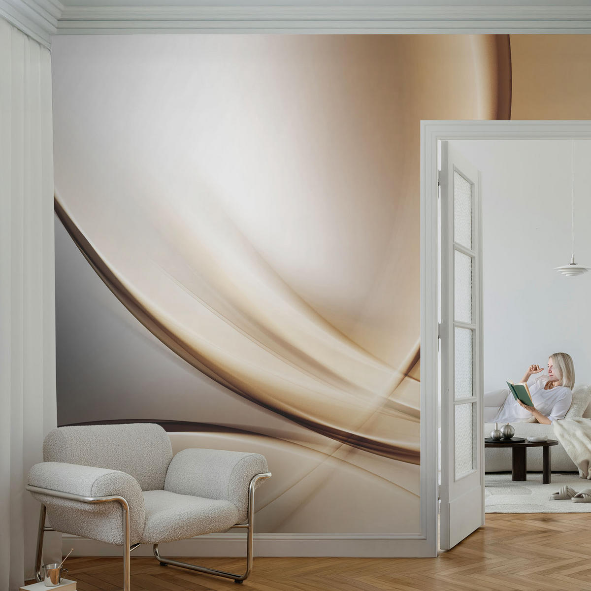 FOTOTAPETE 104x70 cm - Abgerundete Linien - Beige, Textil (104/70cm) - Wallfluent