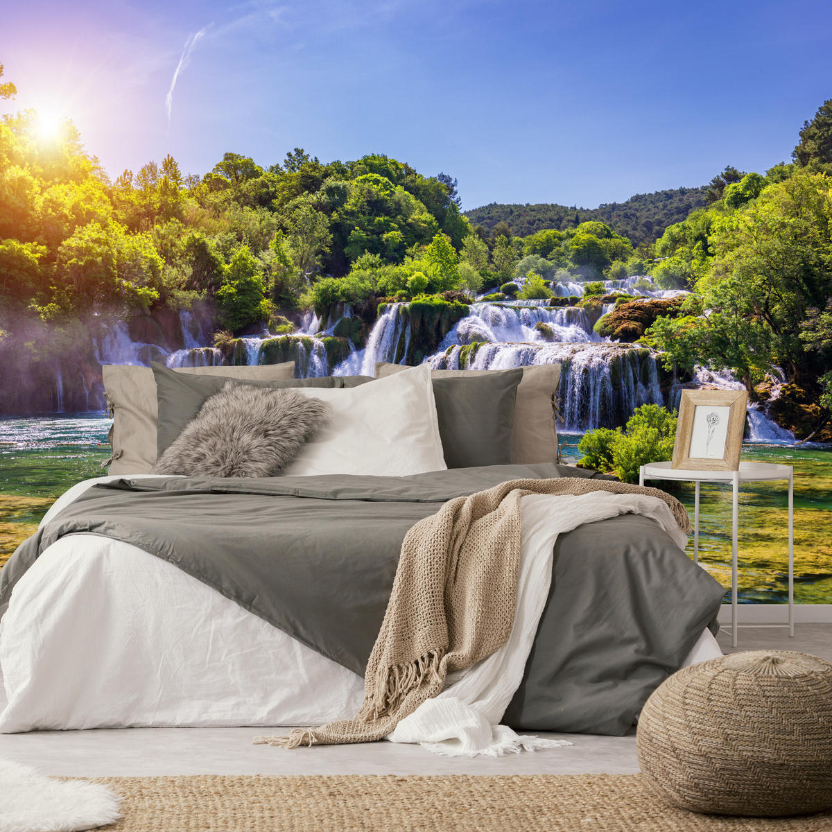 FOTOTAPETE Wasserfälle Wald Landschaft 3D 450x315 - Türkis/Blau, Papier (450/315cm) - Muralo