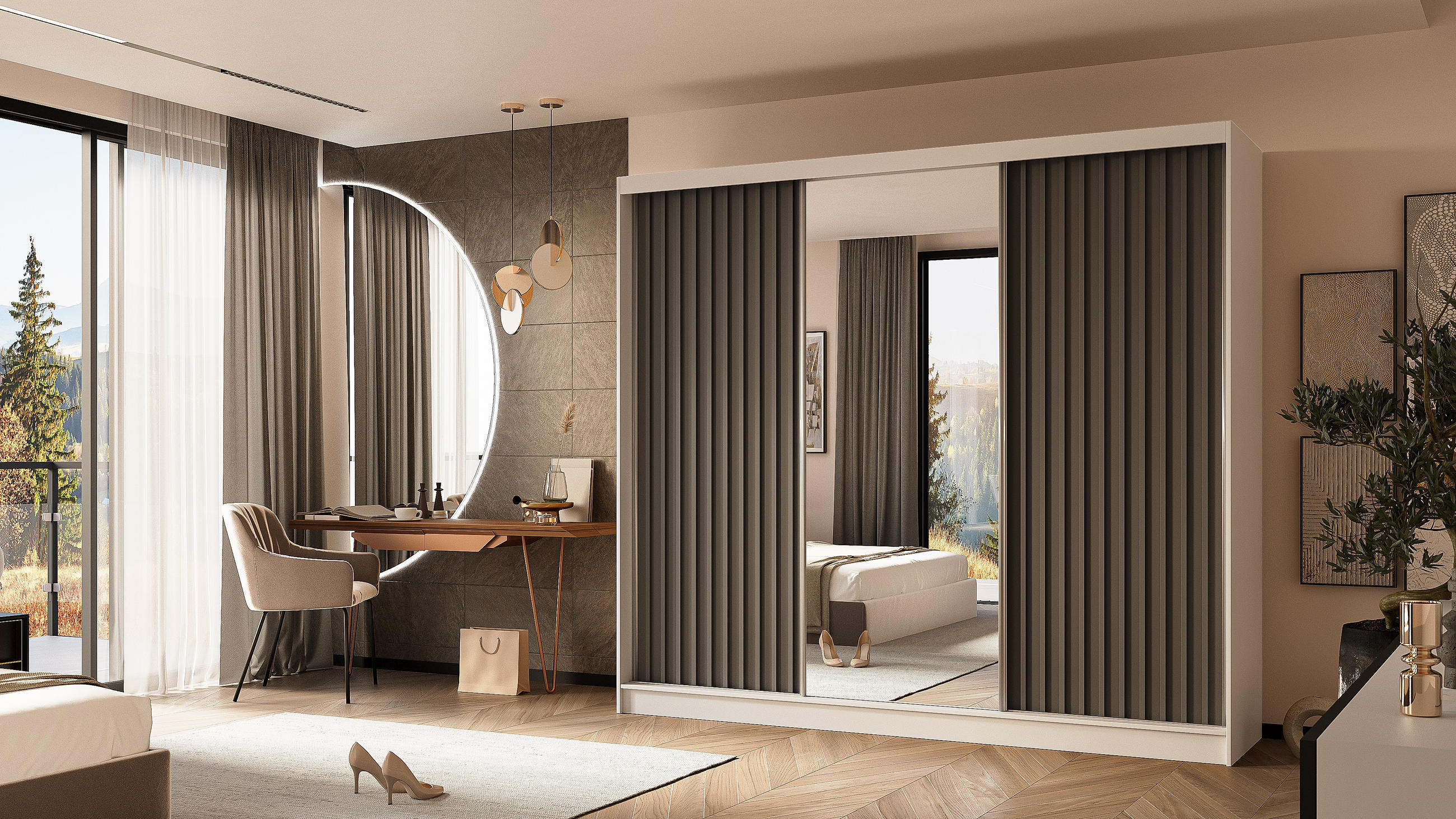 KLEIDERSCHRANK mit Spiegel-Schiebetüren und Aluminium-Leisten - LAMELO - 240 cm Weiß+Grau+Grau - Weiß/Grau, Holzwerkstoff (240/216/61cm) - ALTDECOR