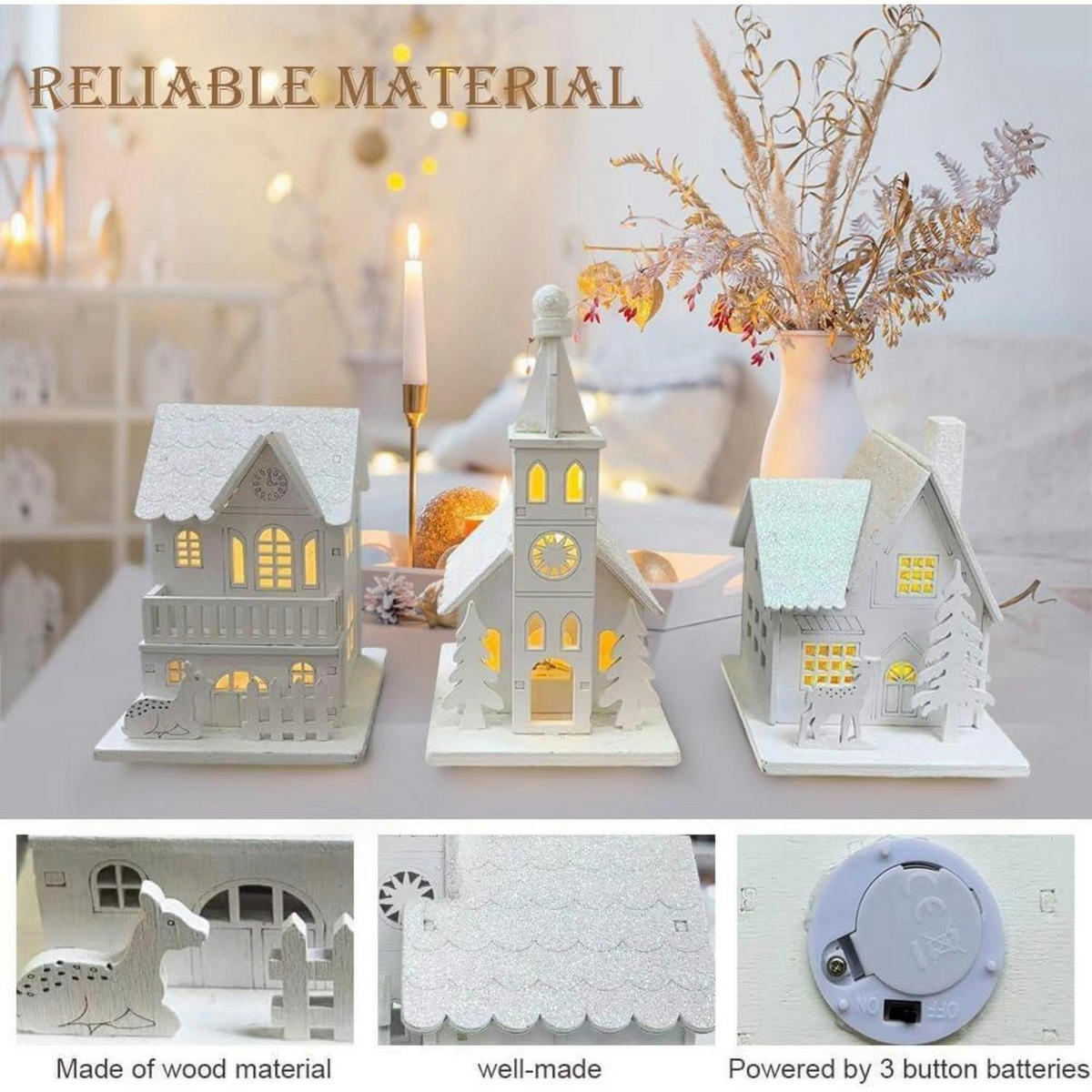 WEIHNACHTSDORF 3-teiliges Set mit Beleuchtung Holz - Weiß, Holz (9/14.5/6cm)