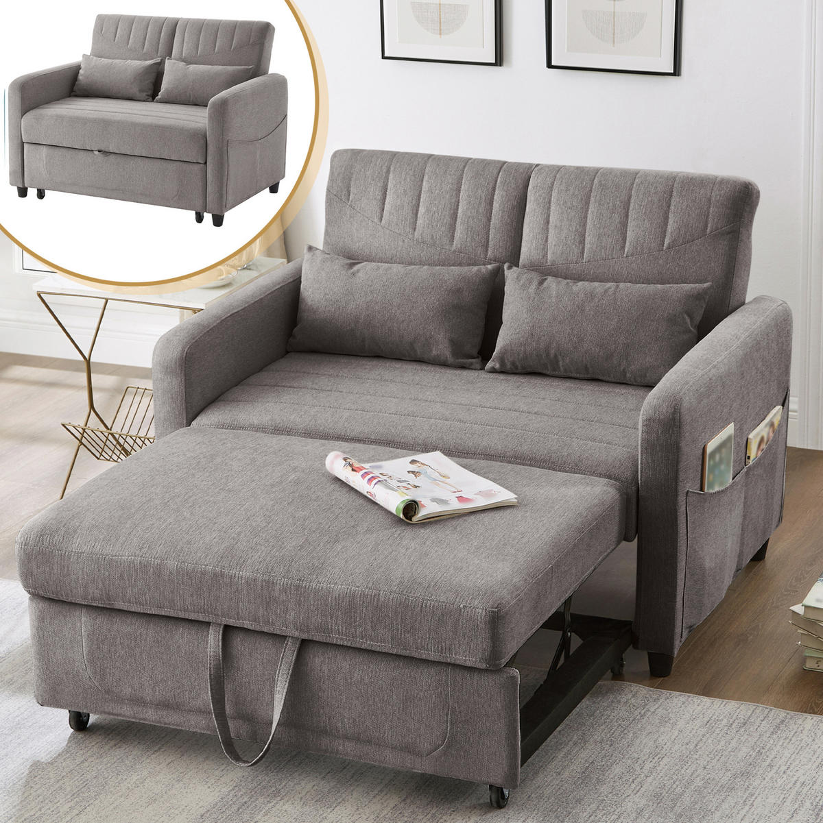 SCHLAFSOFA aus Baumwoll-Leinen-Stoff 166x95 cm Grau mit Ausziehfunktion, 3-fach verstellbarer Rückenlehne und 2 Kissen - Grau, Kunststoff (77/82.5/114cm) - Modfu